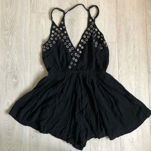Eyelet Ring Studded Romper V Tank Sleeveless Black